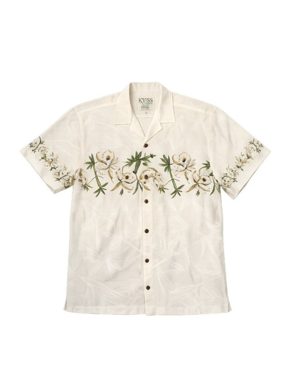 KY’S Hawaiian Shirt Mens Large Ivory Cotton Bamboo Floral Camp Aloha Button Up - Picture 2 of 9